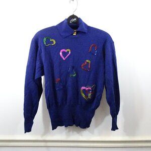 Vintage Escada Purple Wool Collared Sweater Beaded Hearts Purse Size 36
